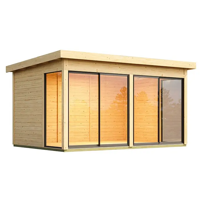 Karibu Gartenhaus Dice 5 - Außenmaß inkl. Dachüberstand (B x T): 471 x 330 cm, Holz, Naturbelassen - Modernes Gartenhaus aus Holz mit großen Glasschiebetüren und Flachdach.