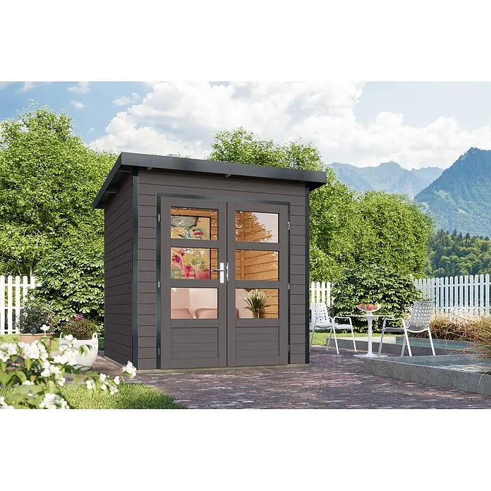 Karibu Gartenhaus Pluto 1 B - Außenmaß inkl. Dachüberstand (B x T): 229 x 228 cm, Holz, Terragrau/Anthrazit - Modernes dunkelgraues Gartenhaus mit Doppelglastüren auf einer Ziegelterrasse, als stilvoller Wohn- oder Lagerraum.