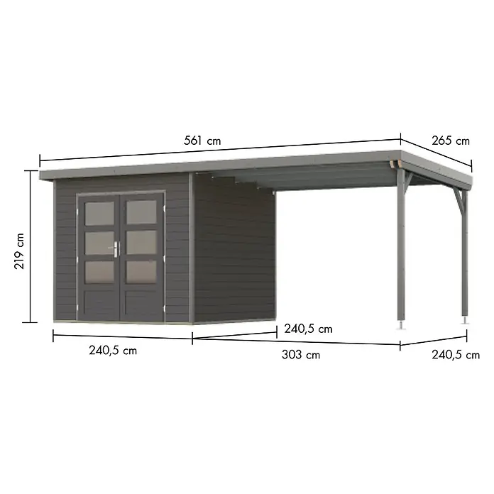 Karibu Gartenhaus Pluto 3 B - Außenmaß inkl. Dachüberstand (B x T): 561 x 266 cm, Holz, Terragrau/Grau - Dunkelgraues Holzgartenhaus mit integriertem Carport und Doppeltüren mit Fenstern.