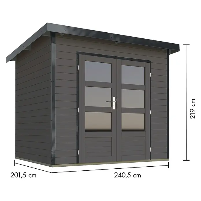 Karibu Gartenhaus Pluto 2 B - Außenmaß inkl. Dachüberstand (B x T): 267 x 228 cm, Holz, Terragrau/Anthrazit - Dunkelgraues Holzgartenhaus mit Doppeltüren, Fenstern und Pultdach.