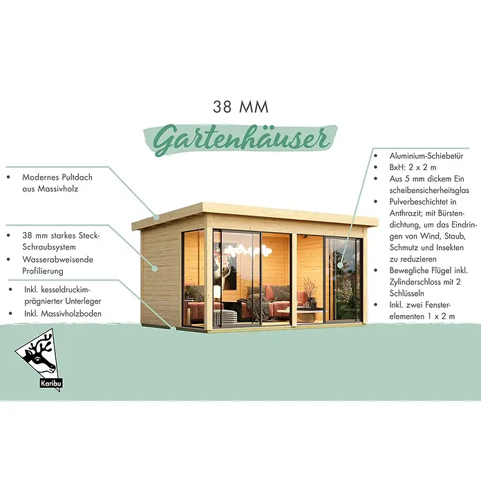 Karibu Gartenhaus Dice 5 - Außenmaß inkl. Dachüberstand (B x T): 471 x 330 cm, Holz, Naturbelassen - Modernes 38 mm Holz-Gartenhaus mit Pultdach, großen Anthrazit-Schiebetüren aus Sicherheitsglas und einem Holzboden.