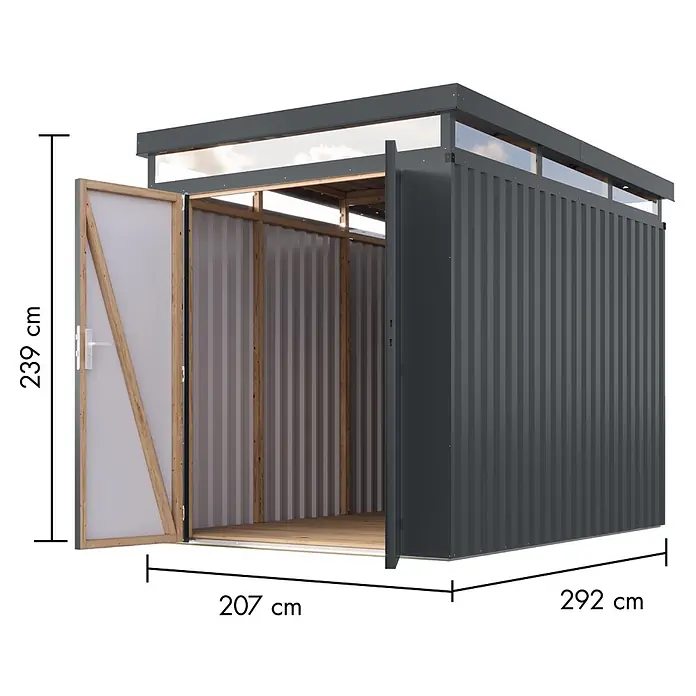 Karibu Gerätehaus Aurum 2,5 - Außenmaß inkl. Dachüberstand (B x T): 215 x 298 cm, Metall, Anthrazit - Dunkelgraues Wellblech-Gartenhaus mit offenen Doppeltüren, Holzboden und transparenten Dachpaneelen. Maße: H 239 cm, B 207 cm, T 292 cm.