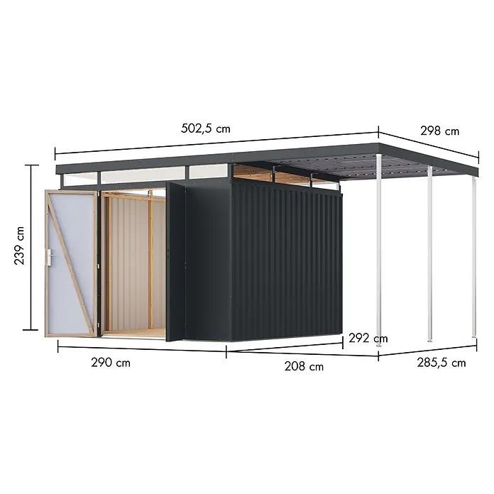 Karibu Gerätehaus Aurum 3,5 mit Anbaudach - Außenmaß inkl. Dachüberstand (B x T): 502,5 x 298 cm, Metall, Anthrazit - Dunkelgrauer Metall-Gartenschuppen mit angebautem Carport und detaillierten Maßen.