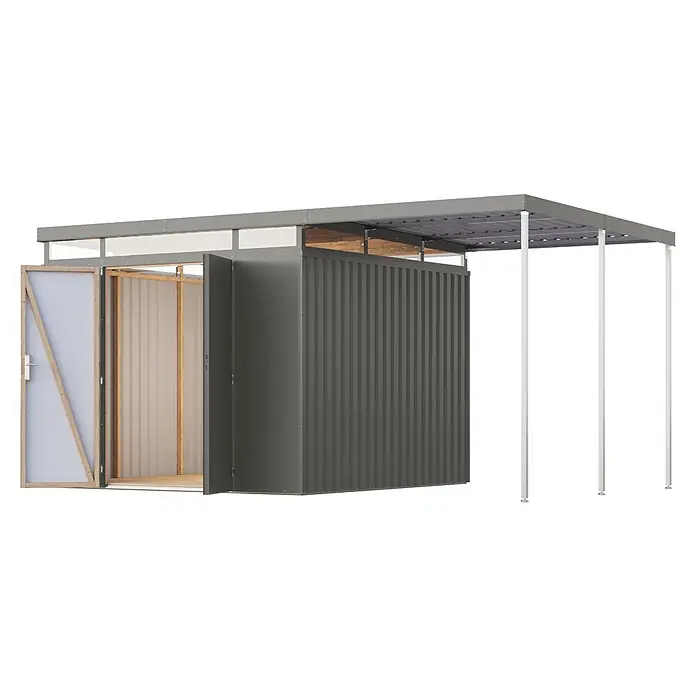 Karibu Gerätehaus Aurum 3,5 mit Anbaudach - Außenmaß inkl. Dachüberstand (B x T): 502,5 x 298 cm, Metall, Graualuminium - Grauer Wellblechschuppen mit offener Tür und angebautem Carport, gestützt von weißen Pfosten.