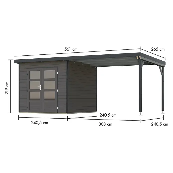 Karibu Gartenhaus Pluto 3 B - Außenmaß inkl. Dachüberstand (B x T): 561 x 266 cm, Holz, Terragrau/Anthrazit - Dunkelgraues Holzgartenhaus mit Doppeltüren und integriertem offenem Carport.