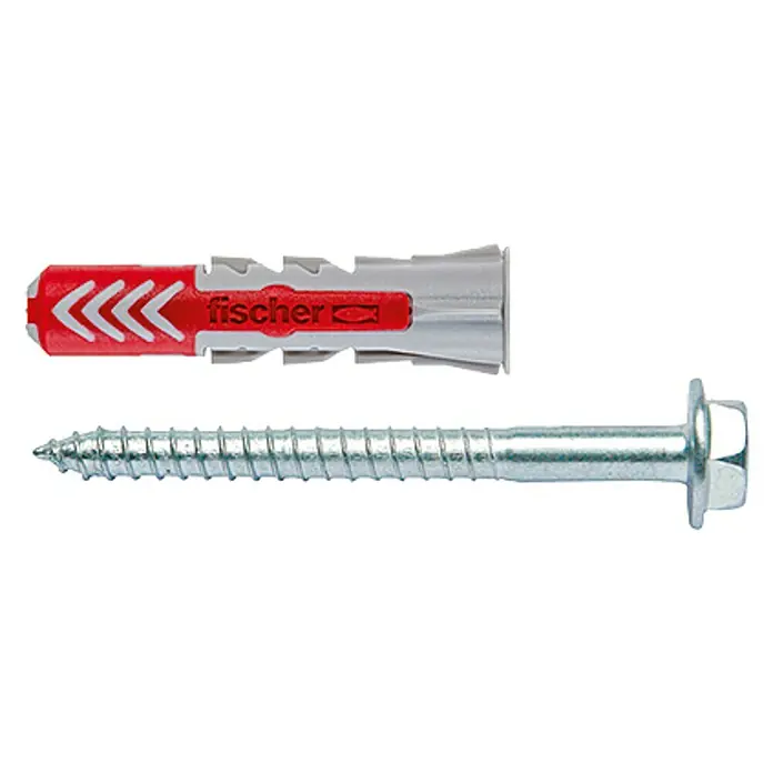 Fischer Duopower Set de tacos y tornillos S DIY - Ø x L: 10 x 50 mm, Nylon, 10 ud. - Imagen de un taco Fischer con su tornillo correspondiente. El conjunto consta de un taco rojo y gris y un tornillo con cabeza hexagonal.