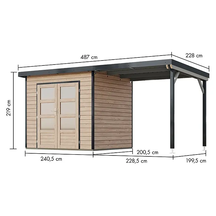Karibu Gartenhaus Pluto 2 A - Außenmaß inkl. Dachüberstand (B x T): 487 x 228 cm, Holz, Naturbelassen/Anthrazit - Gartenhaus aus Holz mit integriertem Carport, dunklem Dach und sichtbaren Maßen.