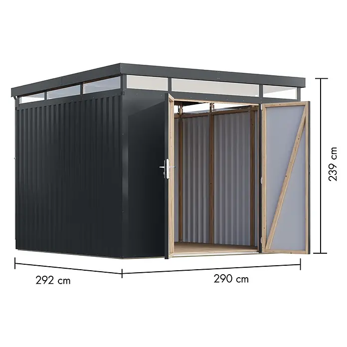 Karibu Gerätehaus Aurum 3,5 - Außenmaß inkl. Dachüberstand (B x T): 298 x 298 cm, Metall, Anthrazit - Dunkelgrauer Metallschuppen mit transluzenten Oberlichtern und geöffneten Holztüren. Maße: 292x290x239 cm.