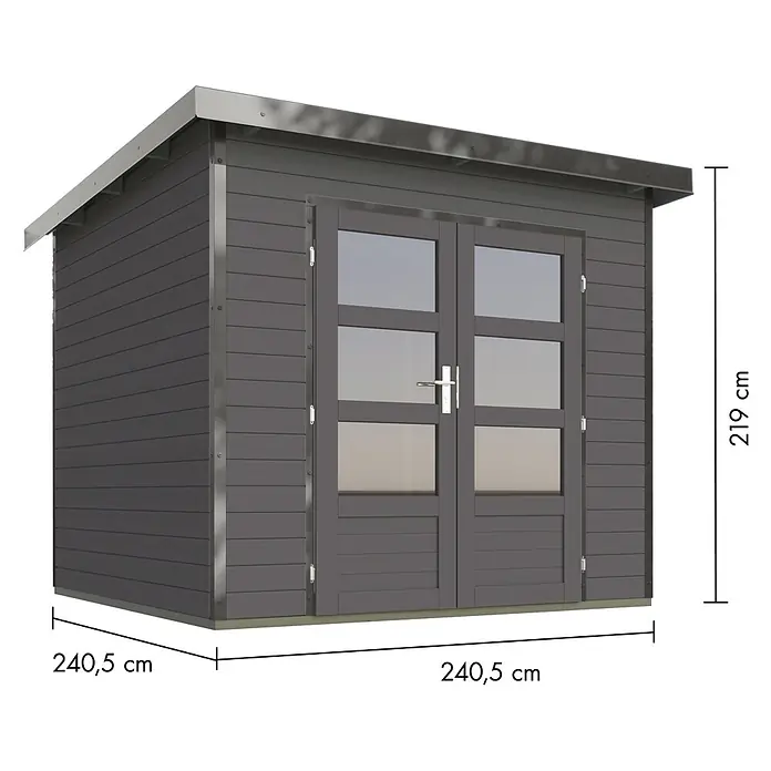 Karibu Gartenhaus Pluto 3 B - Außenmaß inkl. Dachüberstand (B x T): 267 x 266 cm, Holz, Terragrau/Grau - Dunkelgraues Gartenhaus mit Doppeltür, Glasfeldern und Pultdach. Maße: 240,5 cm breit, 219 cm hoch.