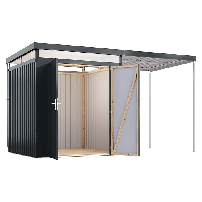 Karibu Gerätehaus Aurum 2 mit Anbaudach - Außenmaß inkl. Dachüberstand (B x T): 420 x 215 cm, Metall, Anthrazit - Dunkelgrauer Metall-Gartenschuppen mit offenen Türen, Holzinterieur und angeschlossenem hellgrauem Wellblechvordach mit Stützen.