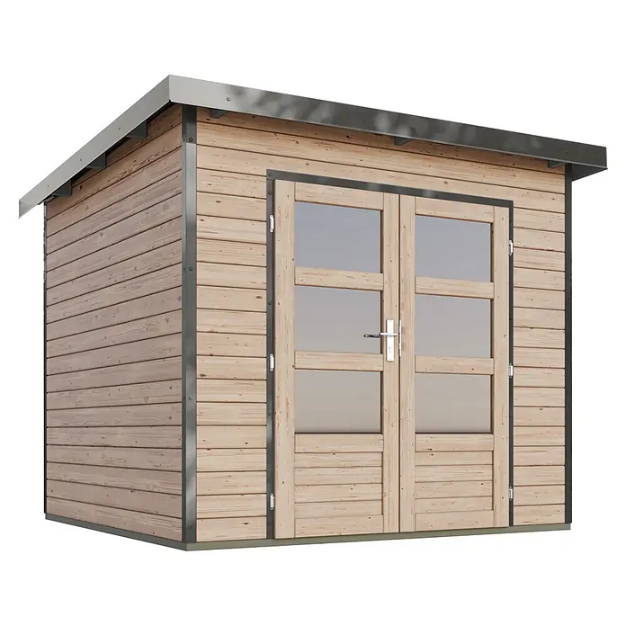 Karibu Gartenhaus Pluto 3 A - Außenmaß inkl. Dachüberstand (B x T): 267 x 266 cm, Holz, Naturbelassen/Grau - Heller Holz-Gartenschuppen mit grauen Metallleisten und doppelten Glastüren.