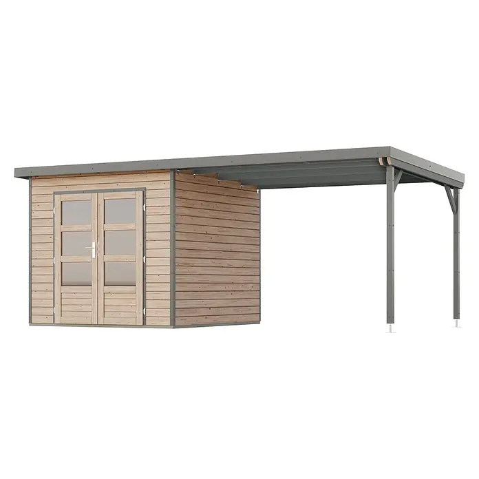 Karibu Gartenhaus Pluto 3 A - Außenmaß inkl. Dachüberstand (B x T): 561 x 266 cm, Holz, Naturbelassen/Grau - Hölzerner Gartenschuppen mit angebautem grauem Carport.
