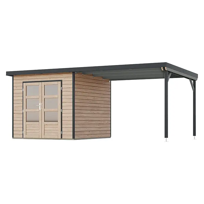 Karibu Gartenhaus Pluto 3 A - Außenmaß inkl. Dachüberstand (B x T): 561 x 266 cm, Holz, Naturbelassen/Anthrazit - Holzschuppen mit doppelten Glastüren, dunkelgrauen Zierleisten und integriertem dunkelgrauen Carport.