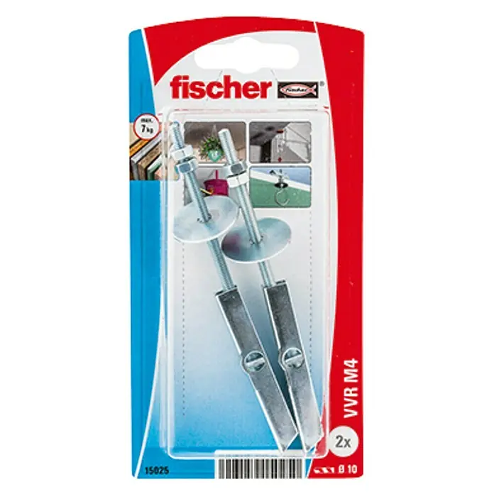 Fischer Taco basculante VVR M4 - Diámetro taco: 10 mm, Longitud taco: 100 mm, 2 ud. - Imagen de un paquete de fijaciones para cavidades Fischer VVR M4 que contiene dos anclajes, diseñados para una fijación segura en materiales huecos.