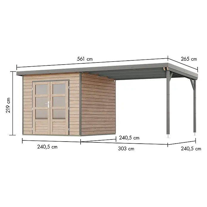 Karibu Gartenhaus Pluto 3 A - Außenmaß inkl. Dachüberstand (B x T): 561 x 266 cm, Holz, Naturbelassen/Grau - Geräteschuppen aus Holz mit angebautem grauem Carport. Mit Doppeltüren und sichtbaren Holzbrettern.
