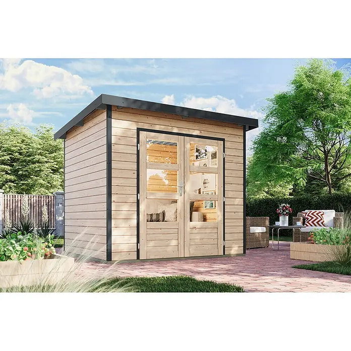Karibu Gartenhaus Pluto 2 A - Außenmaß inkl. Dachüberstand (B x T): 267 x 228 cm, Holz, Naturbelassen/Anthrazit - Modernes Holzgartenhaus mit schwarzem Flachdach und doppeltüriger Glasfront auf einer Ziegelterrasse mit Gartenmöbeln.