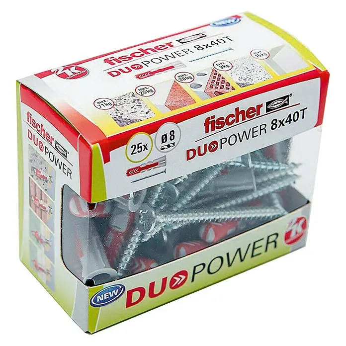 Fischer Duopower Set de tacos y tornillos S DIY - Ø x L: 8 x 40 mm, Nylon, 25 ud. - Un paquete de tacos Fischer DUOPOWER 8x40T, ideales para fijaciones seguras en diversos materiales.