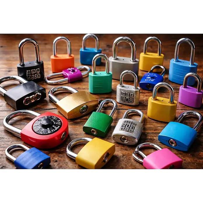 Abus Candado T65AL/40 - An x Al: 43 x 62 mm, 1 ud., Aluminio - Una colección de candados de colores, algunos con diales de combinación y otros con cerraduras, esparcidos sobre una superficie de madera.