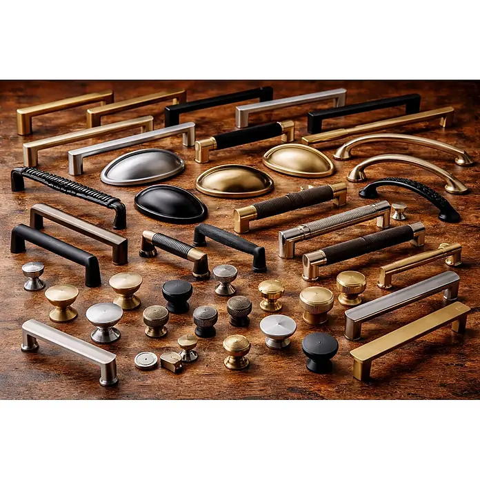 Häfele Tirador para muebles - Tipo de tirador del mueble: Estribo, Otros, Niquelado, An x L: 20 x 100 mm - Surtido de tiradores y pomos para muebles en varios acabados metálicos (latón, plata, negro), algunos con agarres texturizados.