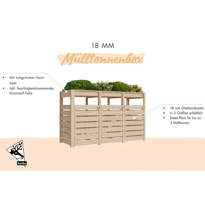 Karibu Mülltonnenbox - Holz, Anthrazit, Geeignet für Anzahl Mülltonnen: 3 Stk. - Helle Holz-Mülltonnenbox mit integriertem Hochbeet, passend für bis zu 3 Mülltonnen.