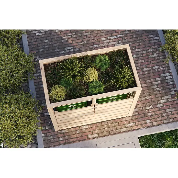 Karibu Mülltonnenbox - Holz, Anthrazit, Geeignet für Anzahl Mülltonnen: 3 Stk. - Helle Holz-Mülltonnenbox mit integriertem Pflanzgefäß und zwei grünen Recyclingtonnen auf einer Ziegelterrasse, gefüllt mit Pflanzen.
