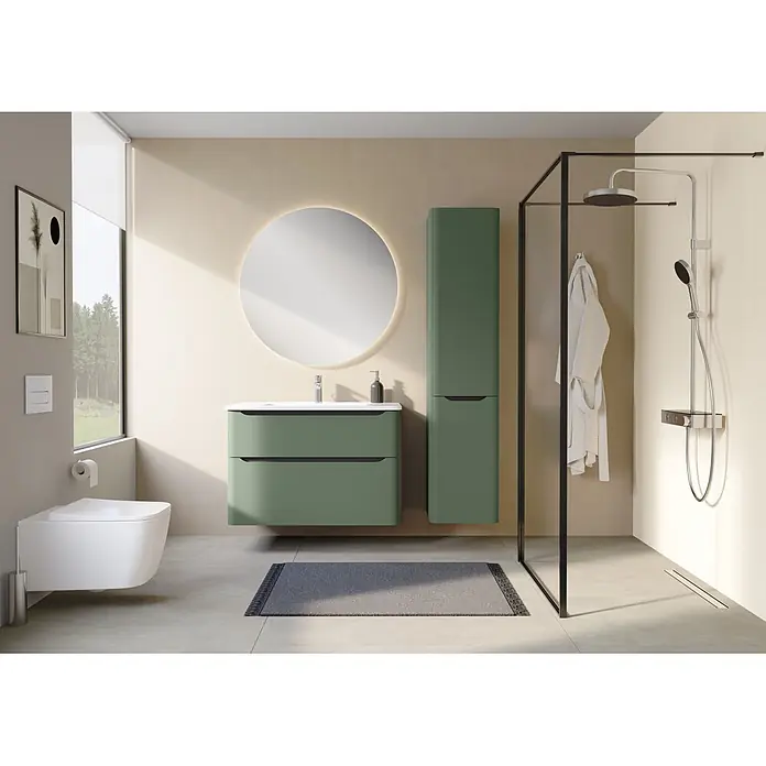 VitrA Integra Round Badmöbel-Set - Gesamtbreite Badmöbel: 100 cm, Moosgrün, Matt - Modernes Badezimmer mit salbeigrüner Waschtischanlage, passendem Hochschrank und einem runden beleuchteten Spiegel.