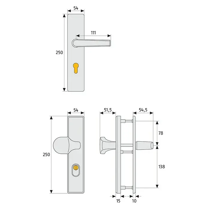 Abus Schutzbeschlag HLZS814 - Hauseingangstür, Messing, Knopf außen, Drücker innen, Stärke Tür: 52 mm - 72 mm - Technische Zeichnung einer Türgarnitur mit Maßen. Ideal für Baupläne oder Produktbeschreibungen.