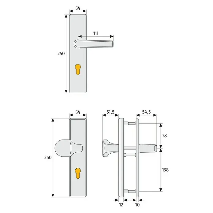 Abus Schutzbeschlag KLT512 - Wohnungsabschlusstür, Messing, Knopf außen, Drücker innen, Stärke Tür: 37 mm - 47 mm - Technische Zeichnung einer Langschildgarnitur mit Griff und Drehknopf, mit Maßen für Montage und Design.