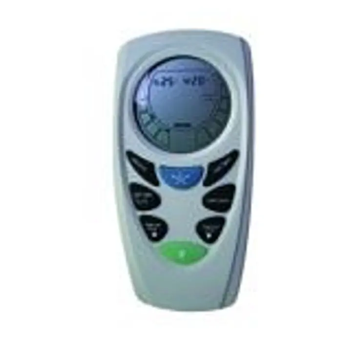 Vam Deckenventilator ARTEMIS Ahorn - Ahorn, 1.470 mm, 70 W - Hellgraue ergonomische Fernbedienung mit Digitalanzeige, schwarzen, blauen und grünen Tasten zur Gerätesteuerung.