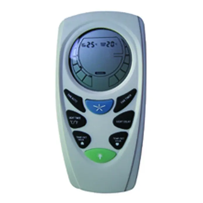Vam Deckenventilator VEGALIGHT weiß grey-wash - Grey-wash / Graphit, 1.320 mm, 46 W - Hellgraue Fernbedienung mit LCD-Anzeige für Temperaturen, schwarzen Funktionstasten, einem blauen Lüfterknopf und einem grünen Power-/Lichtknopf.