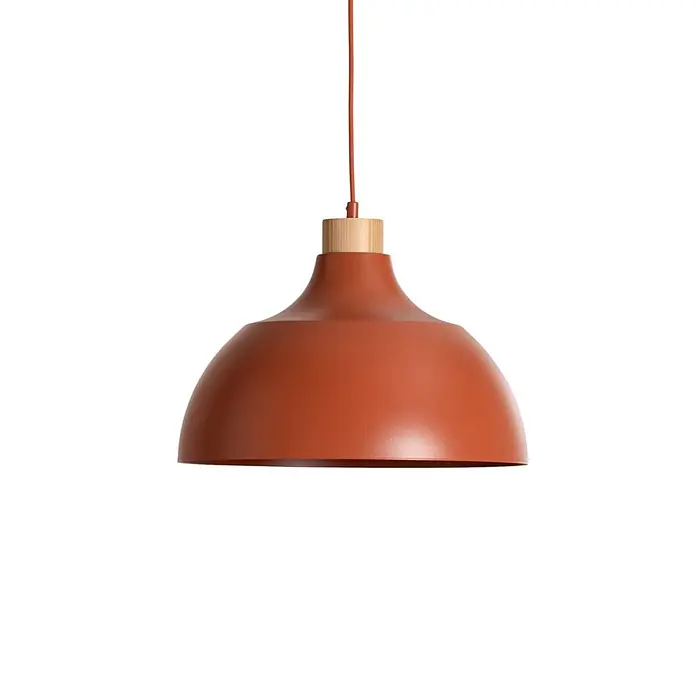 Envostar Pendelleuchte Kaitt - L x B x H: 34 x 34 x 170 cm, rot, ziegelRot, holz hell, E27 - Terrakotta-Pendelleuchte mit kuppelförmigem Metallschirm und hellem Holzdetail.