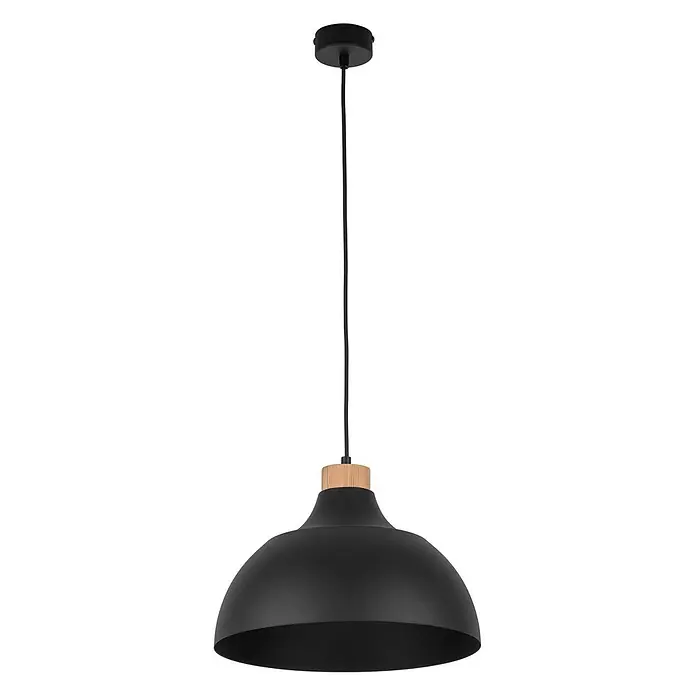 Envostar Pendelleuchte Kaitt - L x B x H: 34 x 34 x 170 cm, schwarz, Schwarz, holz hell, E27 - Schwarze Pendelleuchte aus Metall mit natürlichem Holzdetail, an schwarzem Kabel und Deckenrosette hängend.