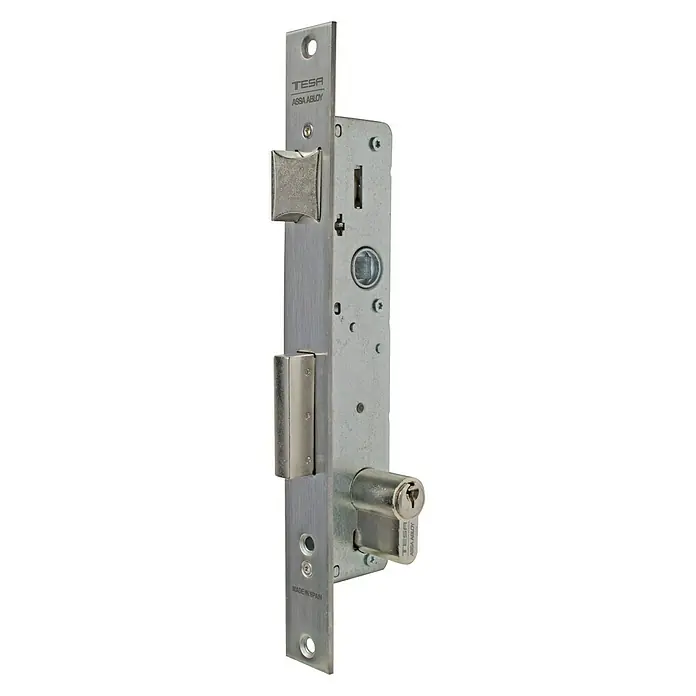 Tesa Assa Abloy Cerradura de embutir de puerta de entrada 2210D sin escudo - 20 mm - Primer plano de una cerradura de embutir TESA ASSA ABLOY, ideal para puertas de seguridad, con carcasa metálica robusta y mecanismos precisos para una protección fiable.