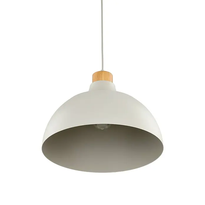 Envostar Pendelleuchte Kaitt - L x B x H: 34 x 34 x 170 cm, creme / amber, beige, holz hell, E27 - Weiße Kuppel-Pendelleuchte mit Holz-Akzent und weißem Kabel, innen grau.