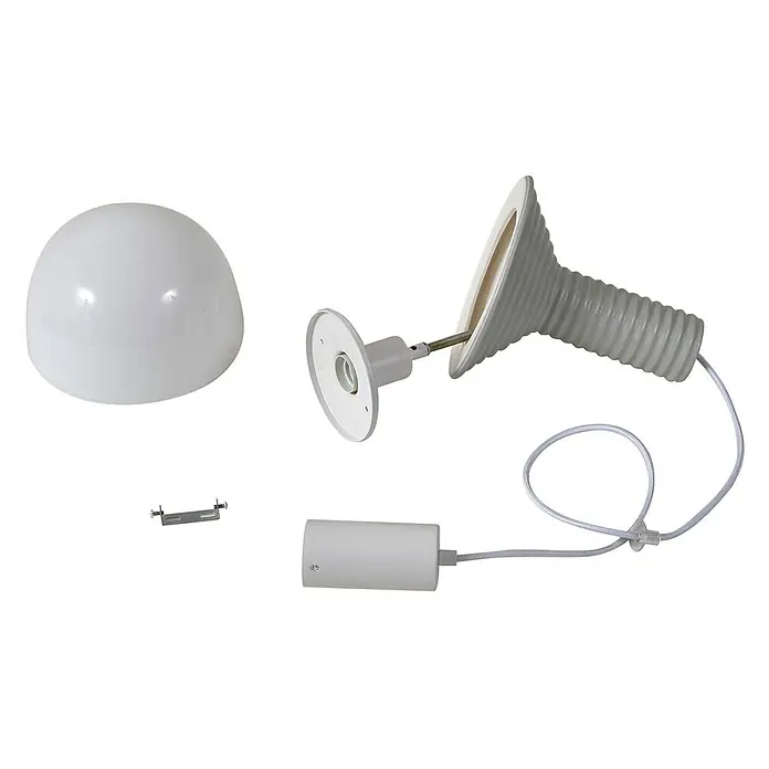 Lucande Pendelleuchte Florine - L x B x H: 22 x 22 x 36 cm, alu / grau / zink, grau, opal, E27 - Demontierte weiße Lampe mit Kuppelschirm, geripptem Gehäuse, Fassung, Kabel, Netzteil und Montagebügel.