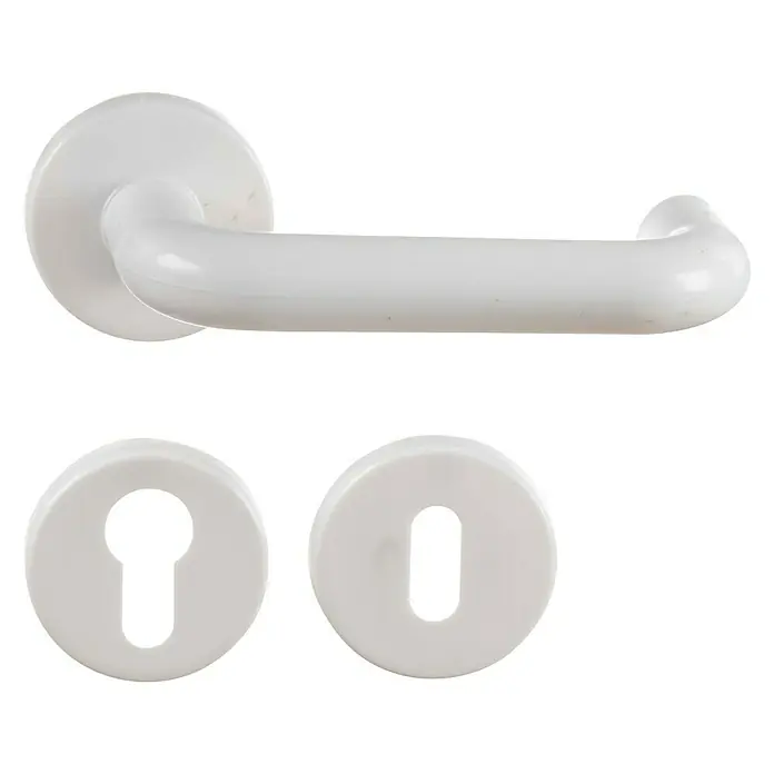 Conjunto de picaporte - Blanco - Imagen de una manija de puerta blanca con rosetas. Herrajes para puertas interiores, perfecto para cualquier hogar u oficina moderna.