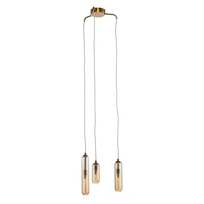 Lucande Pendelleuchte Freylin - L x B x H: 38 x 38 x 34,5 cm, creme / amber, amber, messing, G9 - Dreiflammige Pendelleuchte mit Messingbaldachin und gerippten Glasdiffusoren in Amberfarbe, verschieden lang.