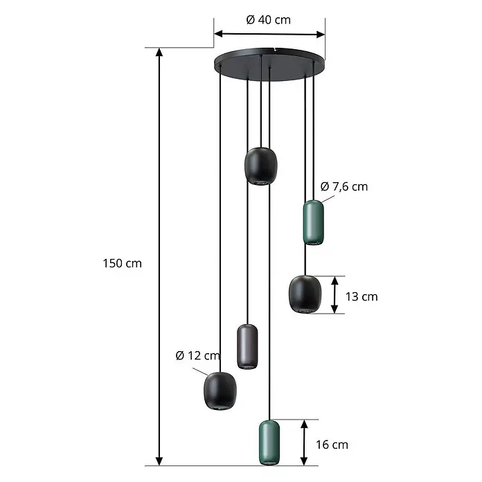 Lucande Pendelleuchte Narion - L x B x H: 40 x 40 x 150 cm, Multicolour, Schwarz matt, dunkelGrün matt, braun matt, GU10 - Schwarze Mehrfach-Pendelleuchte mit 40cm Deckenplatte und sechs schwarzen, grauen, grünen Anhängern verschiedener Formen und Größen, Gesamthöhe 150cm.
