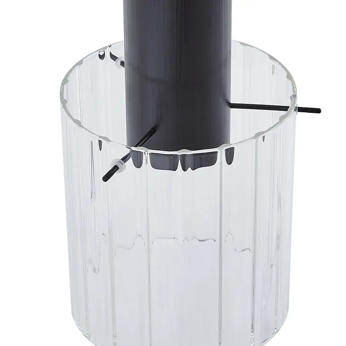 Lucande Pendelleuchte in transparent, schwarz, Hängelampe -  - Klarer, geriffelter Glaszylinder mit schwarzem Innenrohr und Befestigungsstäben.