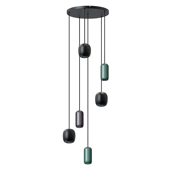 Lucande Pendelleuchte Narion - L x B x H: 40 x 40 x 150 cm, Multicolour, Schwarz matt, dunkelGrün matt, braun matt, GU10 - Schwarze Mehrfach-Pendelleuchte mit runden und zylindrischen Schirmen in Schwarz, Dunkelgrau und Grün.