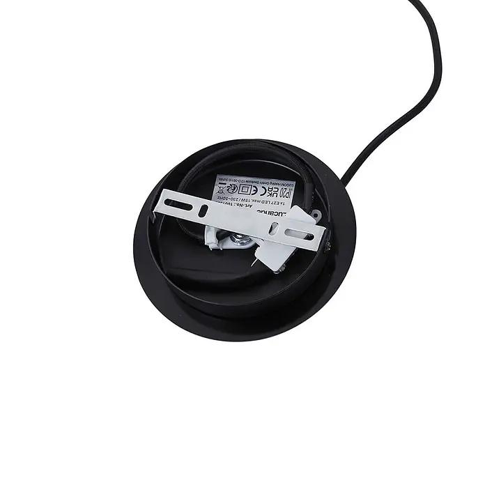 Lucande Pendelleuchte Eirian - klar / transparent, klar, Schwarz, E27 - Schwarze Leuchtenbaldachin mit silberner Montagehalterung und sichtbarem technischen Etikett.