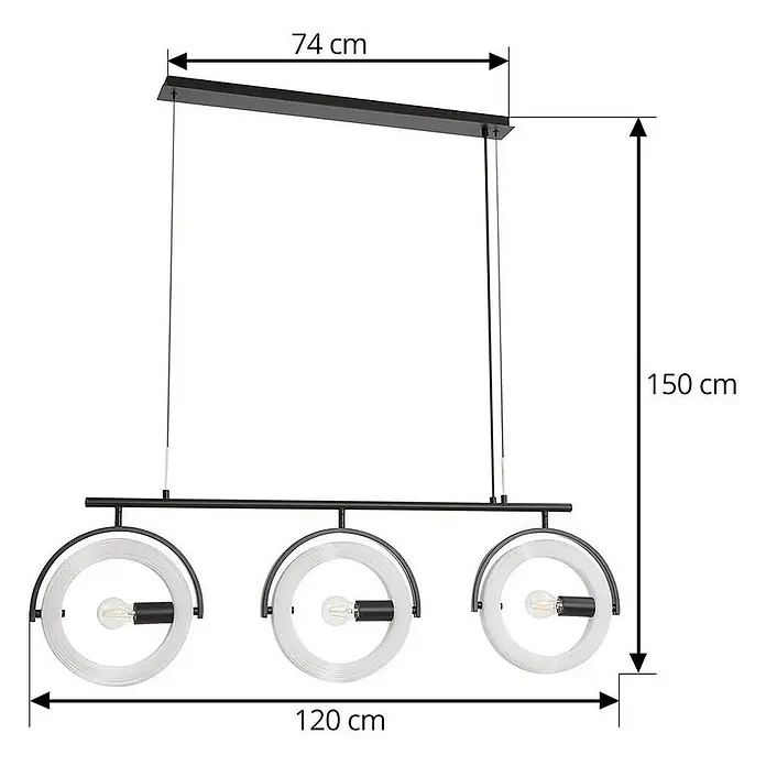 Lucande Pendelleuchte Helva - L x B x H: 120 x 32 x 27 cm, weiß / opal, weiß, Schwarz, E27 - Schwarze dreiflammige Pendelleuchte mit modernen runden, weißgeringelten Schirmen, 150 cm hoch, 120 cm breit.
