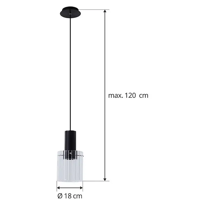 Lucande Pendelleuchte Eirian - klar / transparent, klar, Schwarz, E27 - Schwarze Pendelleuchte mit klarem, geriffeltem Glasschirm, max. 120 cm hoch, 18 cm Durchmesser.