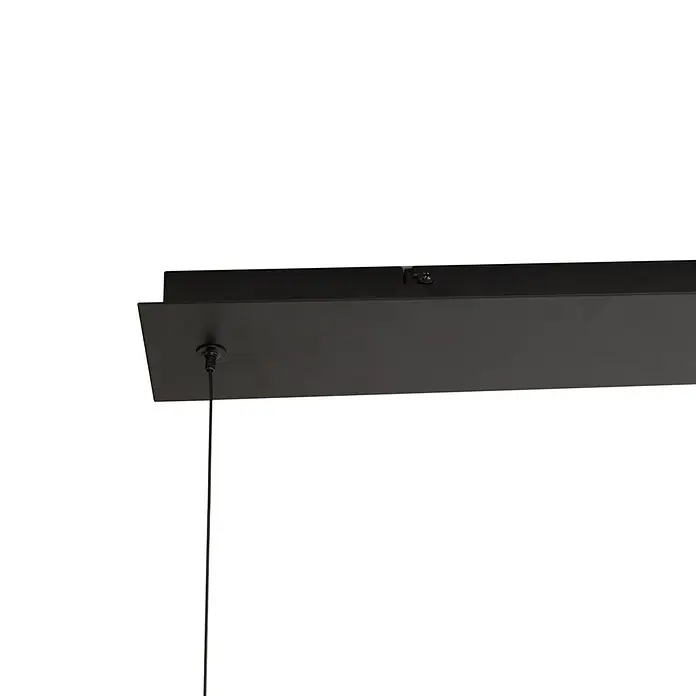 Lucande Pendelleuchte Helva - L x B x H: 120 x 32 x 27 cm, weiß / opal, weiß, Schwarz, E27 - Schwarze rechteckige Deckenplatte mit Kabel, Teil einer Leuchte.