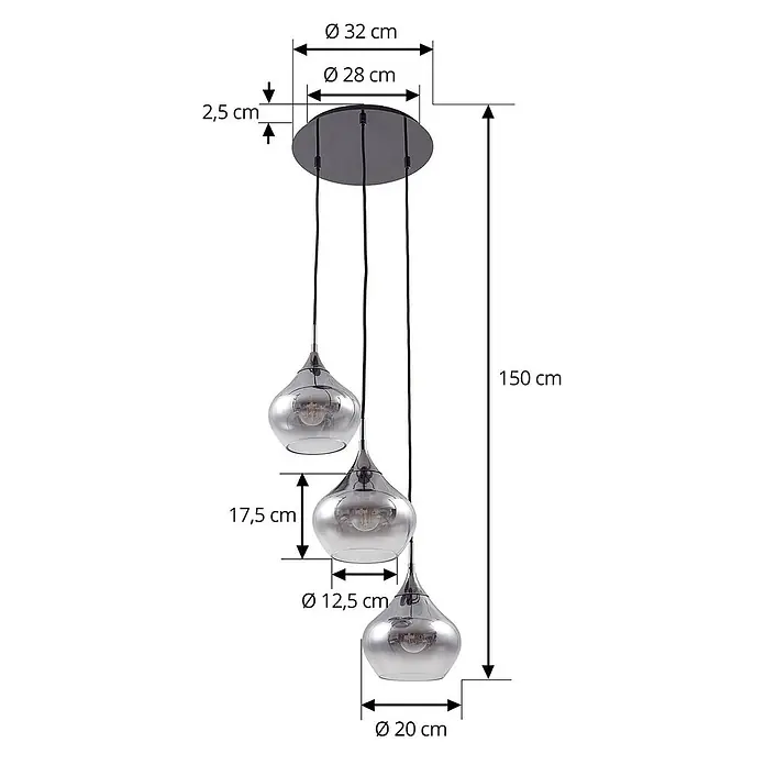 Lucande Pendelleuchte Jarven - L x B x H: 44 x 44 x 17,5 cm, alu / grau / zink, rauchgrau, Schwarz, E27 - Dreiflammige Pendelleuchte mit dunklem Baldachin und drei reflektierenden Glaspendeln.