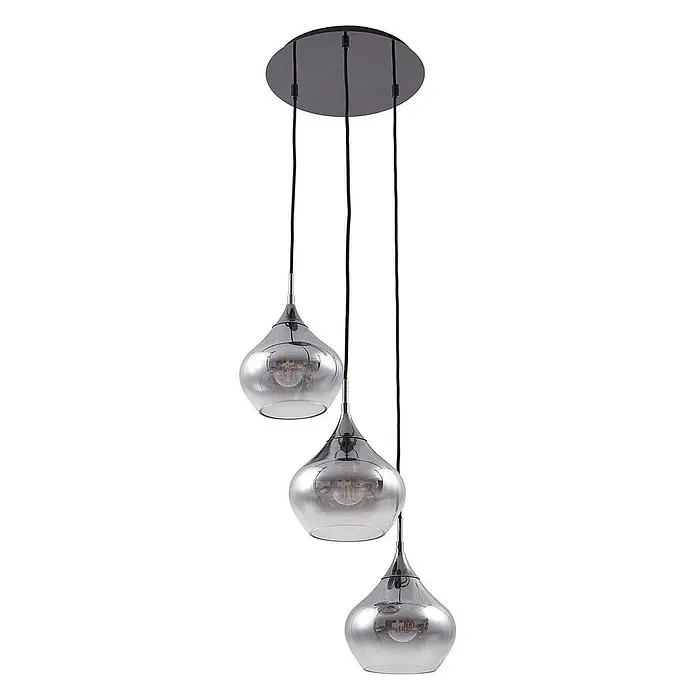 Lucande Pendelleuchte Jarven - L x B x H: 44 x 44 x 17,5 cm, alu / grau / zink, rauchgrau, Schwarz, E27 - Dreiflammige Deckenleuchte mit rauchfarbenen Tropfen-Glasschirmen und schwarzem Baldachin, mit sichtbaren Filamentlampen.