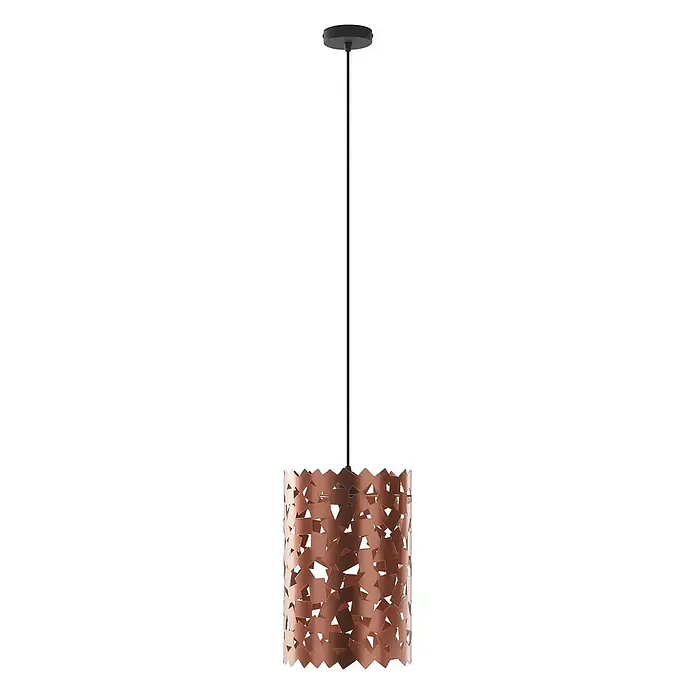 Lucande Pendelleuchte Aeloria - kupfer, Kupfer, E27 - Kupferfarbene Metall-Pendelleuchte mit geometrisch ausgeschnittenem Lampenschirm und schwarzer Aufhängung.