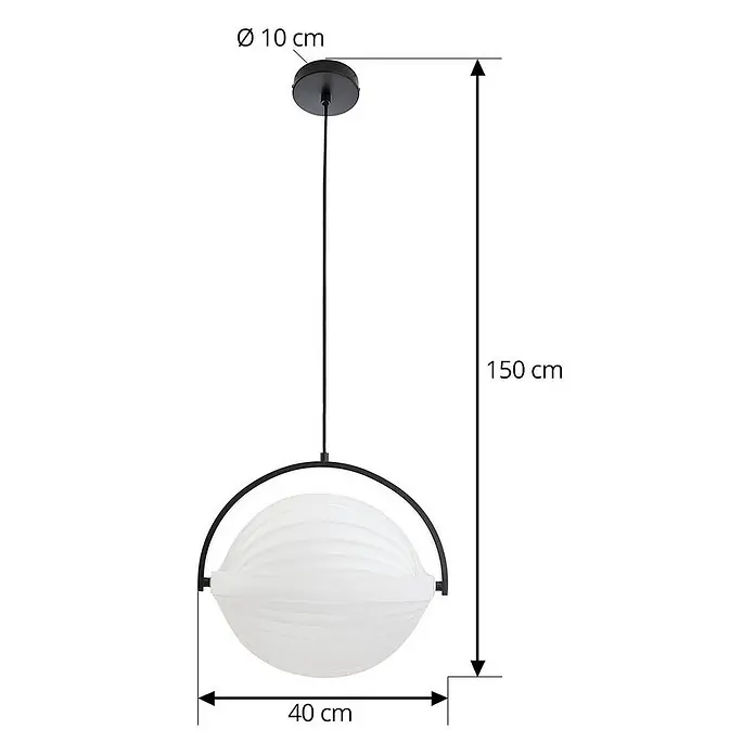 Lucande Pendelleuchte Helva - weiß / opal, weiß, Schwarz, E27 - Schwarze Pendelleuchte mit weißem plissiertem Glaskugel-Schirm, Gesamthöhe 150 cm, Schirmdurchmesser 40 cm, Rosettendurchmesser 10 cm.