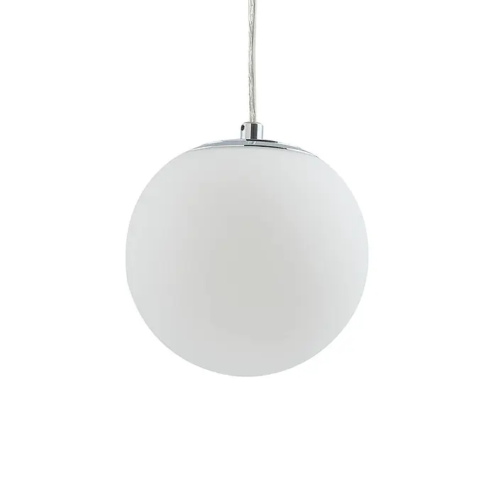 Lucande Pendelleuchte Bidolo - L x B x H: 15 x 15 x 13,5 cm, chromfarben, E14 - Weiße kugelförmige Glas-Pendelleuchte mit Chromfassung und geflochtenem Kabel.