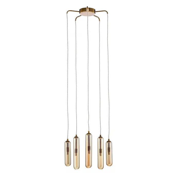 Lucande Pendelleuchte Freylin - L x B x H: 48 x 48 x 170 cm, creme / amber, amber, messing, G9 - Fünfflammige Pendelleuchte mit goldener Deckenplatte, silbernen Kabeln und gerippten Glasschirmen in Amber.